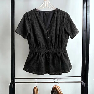 Ann Taylor Factory Size 2 Black Lightweight Flowy Cutout Top Peplum Blouse